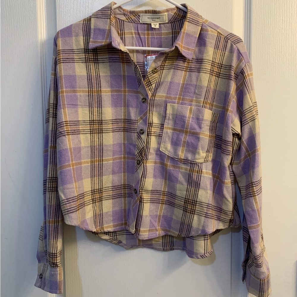 No Comment Purple Plaid Cropped Long Sleeve Flannel Button Up Shirt Size M NWT